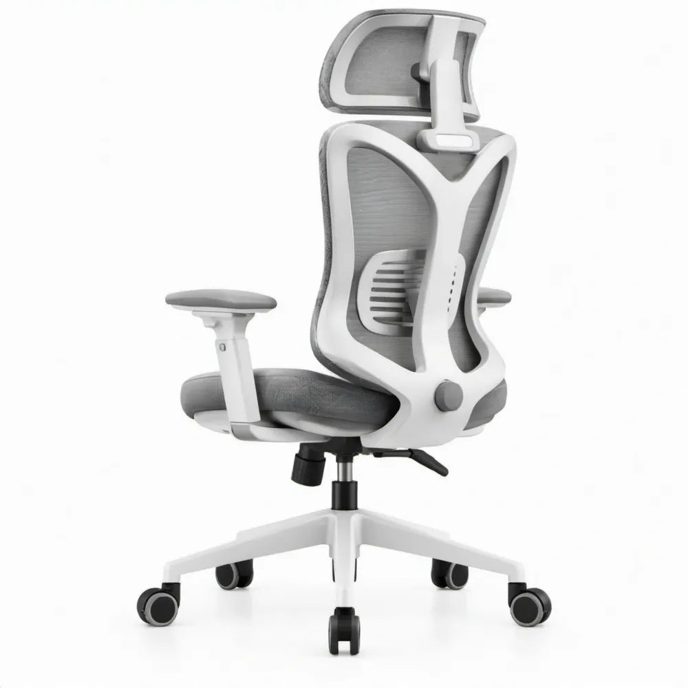 Ergonomische bureaustoel met verstelbare hoofdsteun, armleuningen en lendensteun – Wit/Grijs – 66 x 66 x 118-128 cm