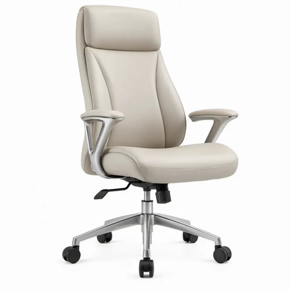 Ergonomische bureaustoel met hoge rugleuning en hoofdsteun, beige kunstleer, 68 x 65 x 118-126 cm