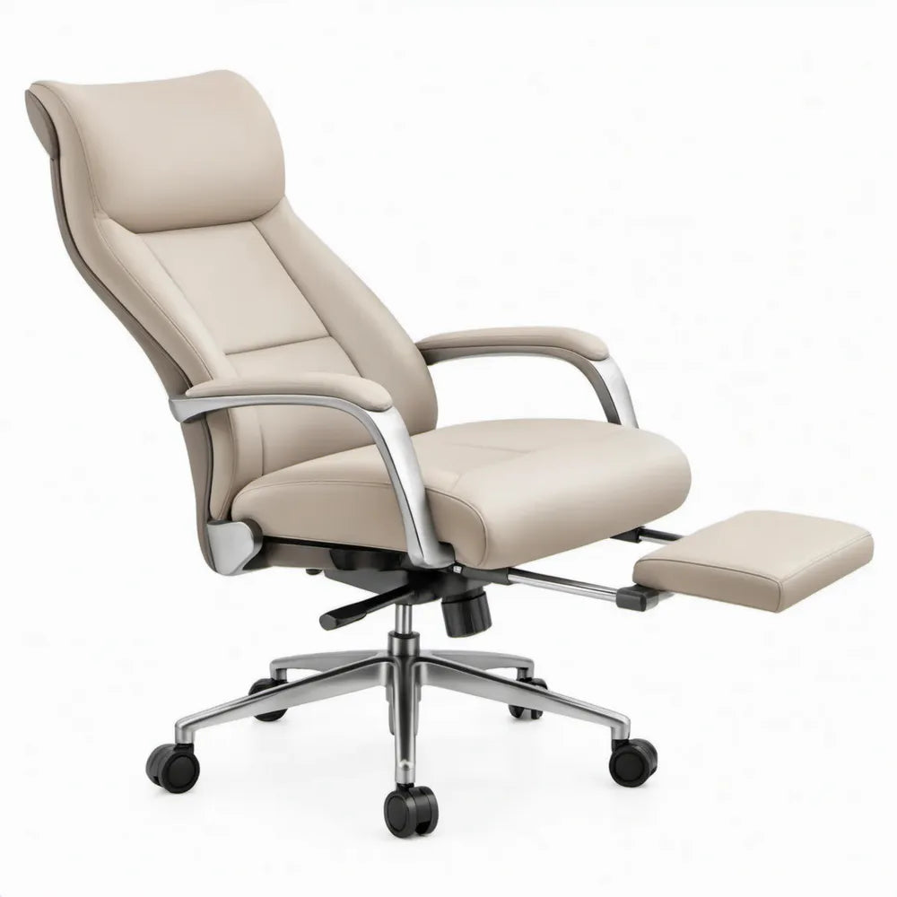 Beige PU-kunstleren bureaustoel met uitschuifbare voetsteun, 66 x 68 x 120-130 cm