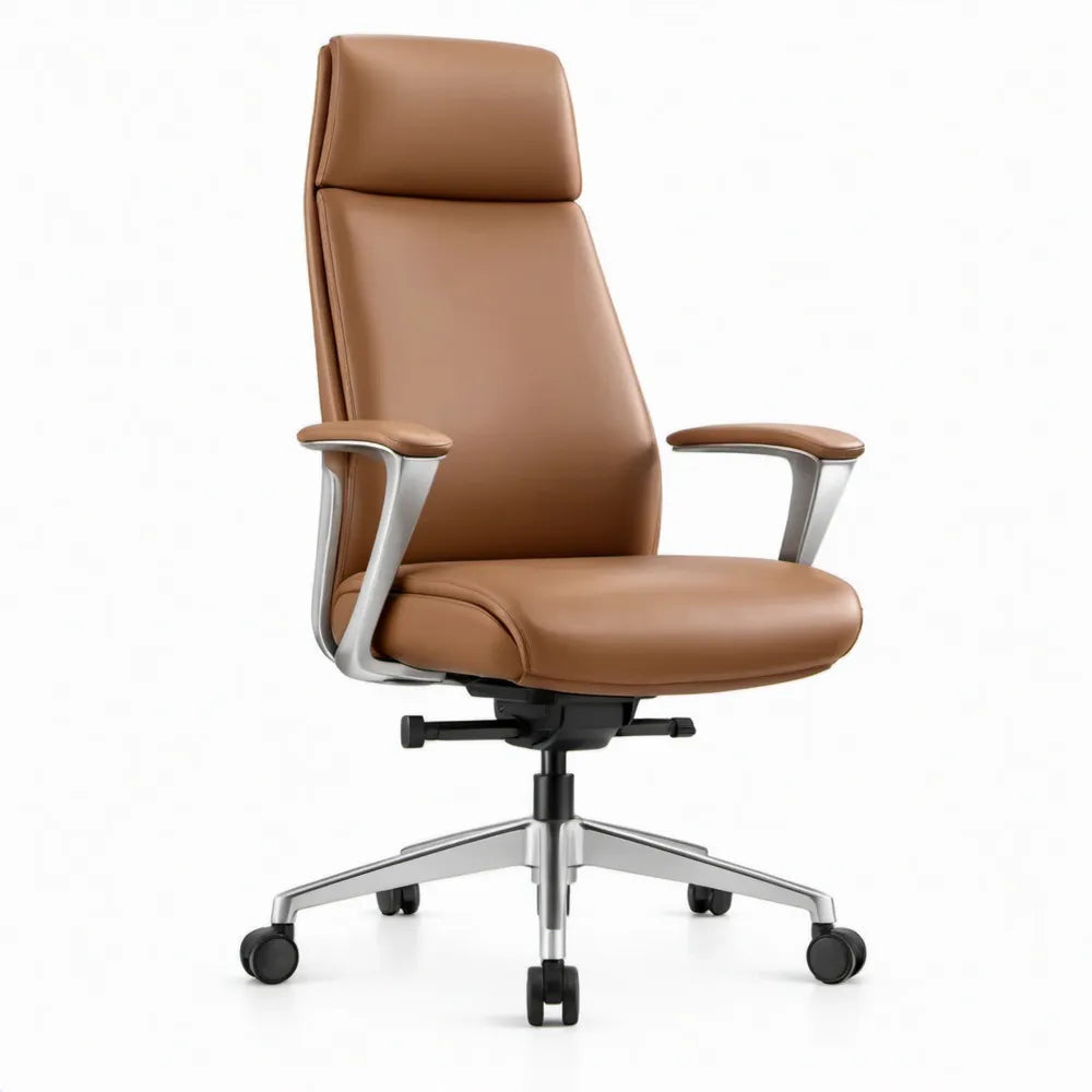 Ergonomische bureaustoel van bruin PU-kunstleer met hoge rugleuning, 68 x 68 x 119-129 cm