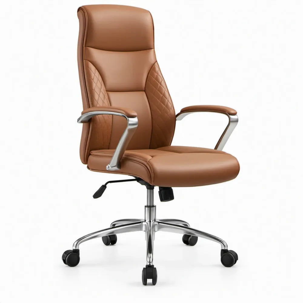 Bruine directiestoel met hoge rugleuning, verstelbare hoogte en armleuningen, 65 x 65 x 112-122 cm