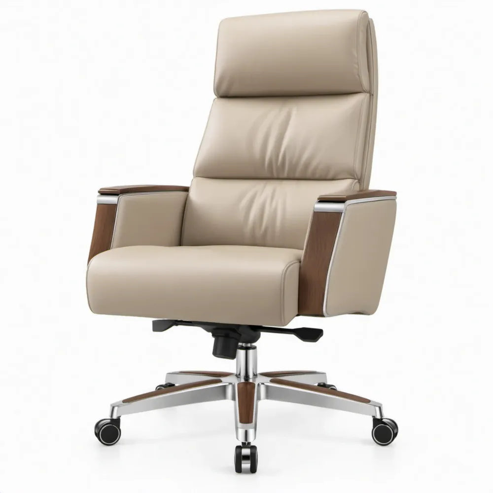 Verstelbare directiestoel met hoge rugleuning en hoofdsteun, beige kunstleer en walnootbruin, 70 x 70 x 118-126 cm