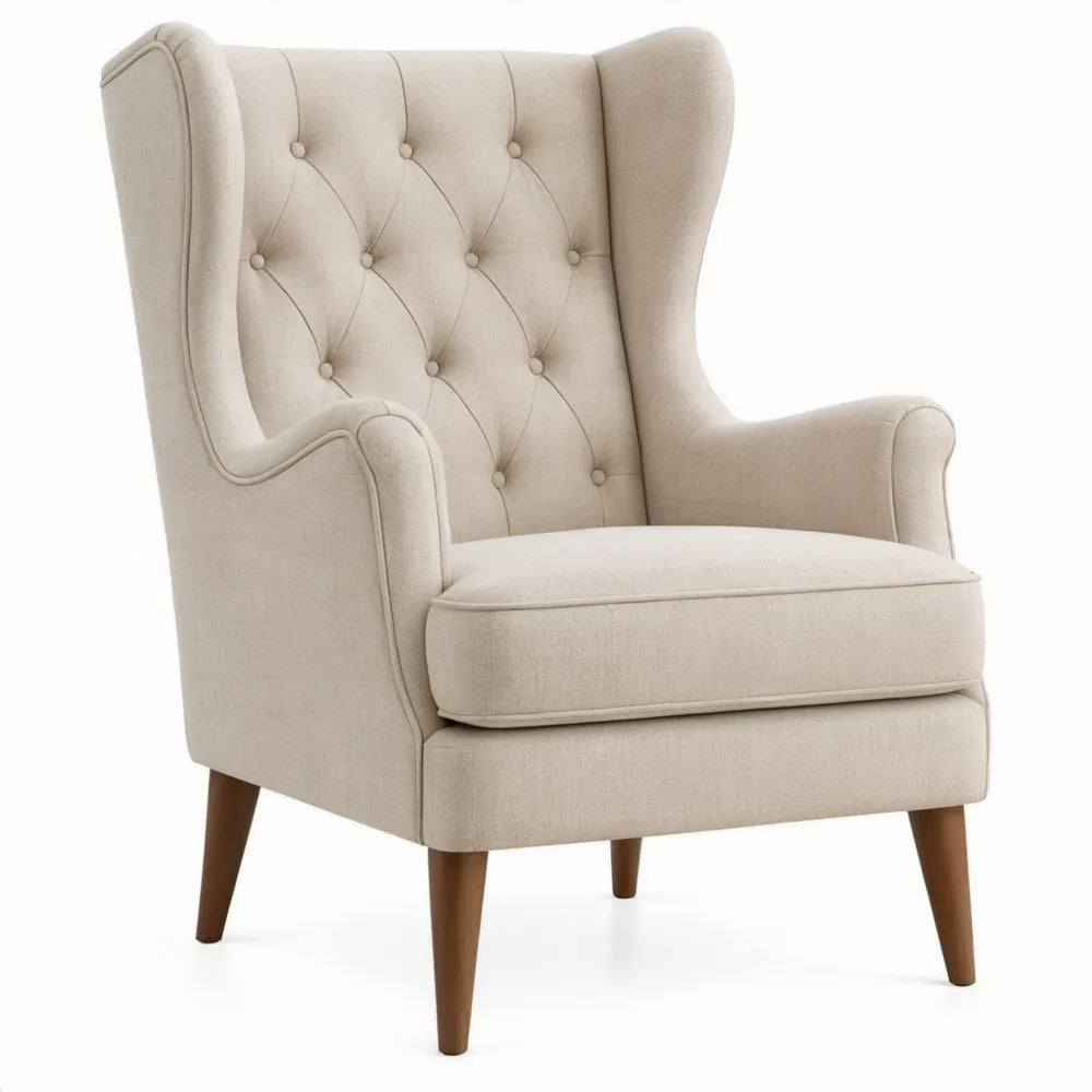 Beige oorfauteuil met hoge rugleuning en bruine houten poten, 78 x 86 x 108 cm