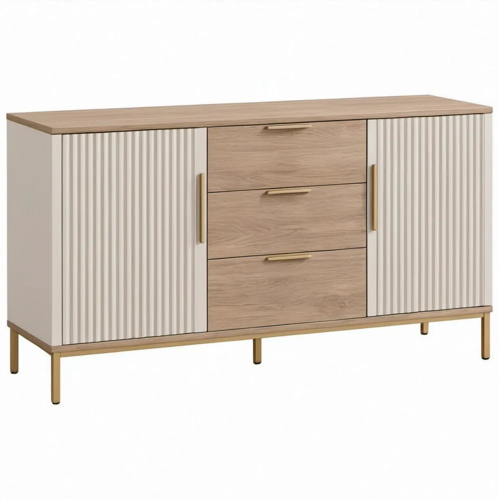 Dressoir met 3 laden en 2 deuren, 140 x 40 x 80 cm, beige en eikenkleurig