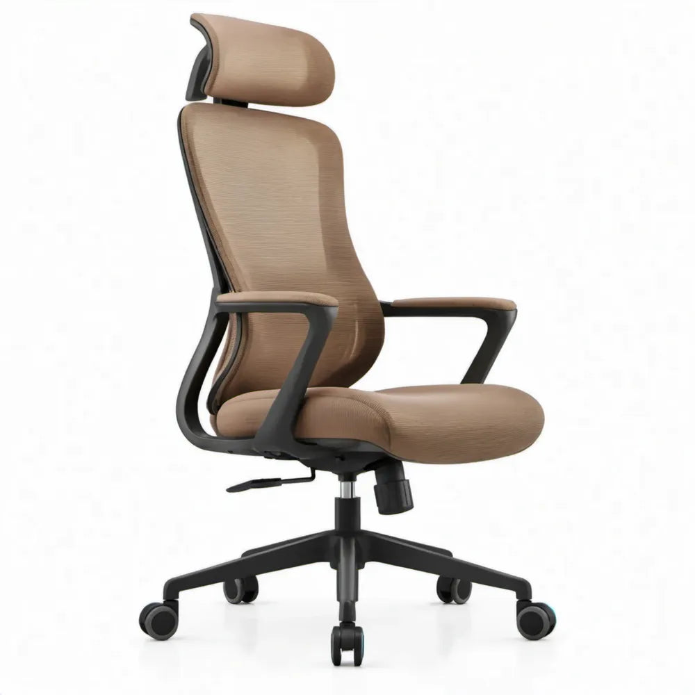 Ergonomische bureaustoel met verstelbare hoofdsteun en armleuningen, taupe/zwart, 66 x 66 x 116-126 cm