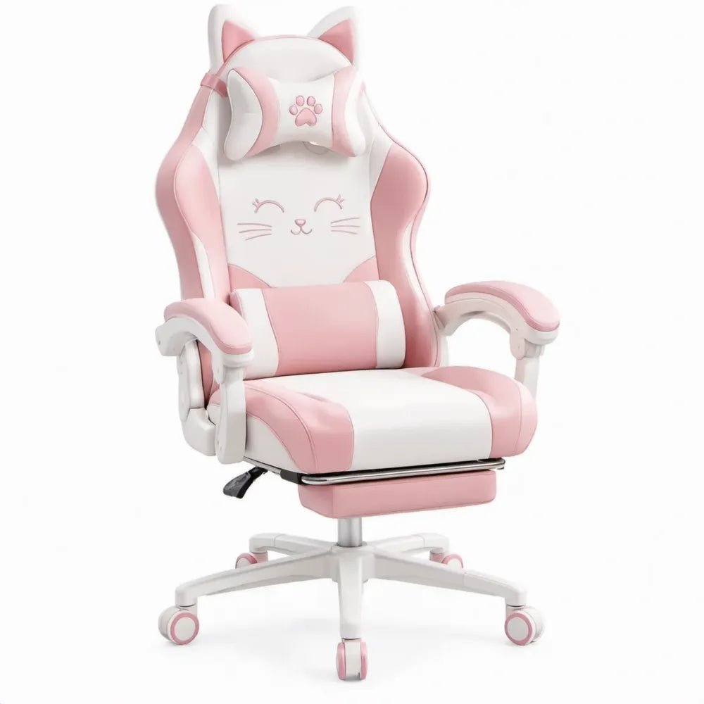 Gamingstoel met kattenoren, voetensteun en nekkussen, wit/roze, 65 x 65 x 118-128 cm
