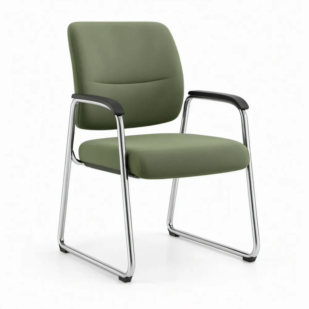 Groene PU-kunstleren vergaderstoel met armleuningen en verchroomd sledeframe, 58 x 62 x 90 cm