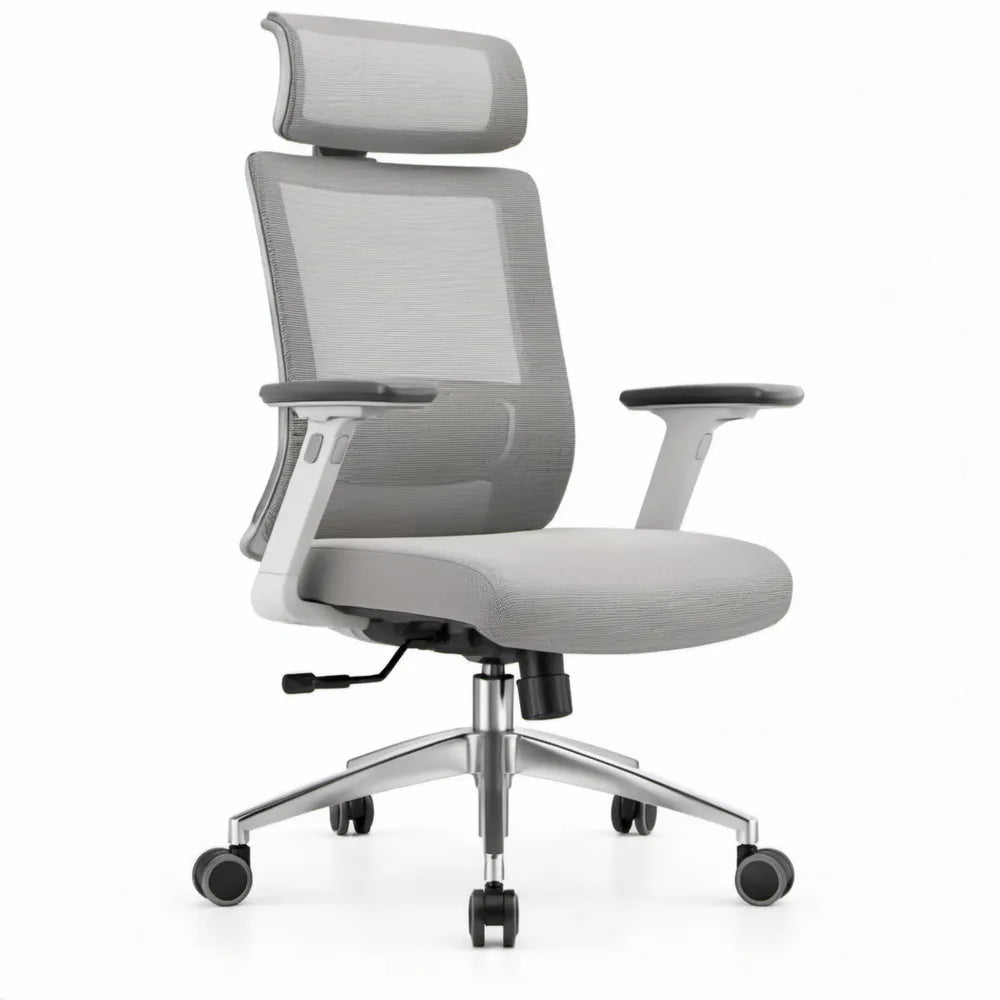 Ergonomische grijze bureaustoel met hoofdsteun en verstelbare armleuningen, 65 x 65 x 118-128 cm