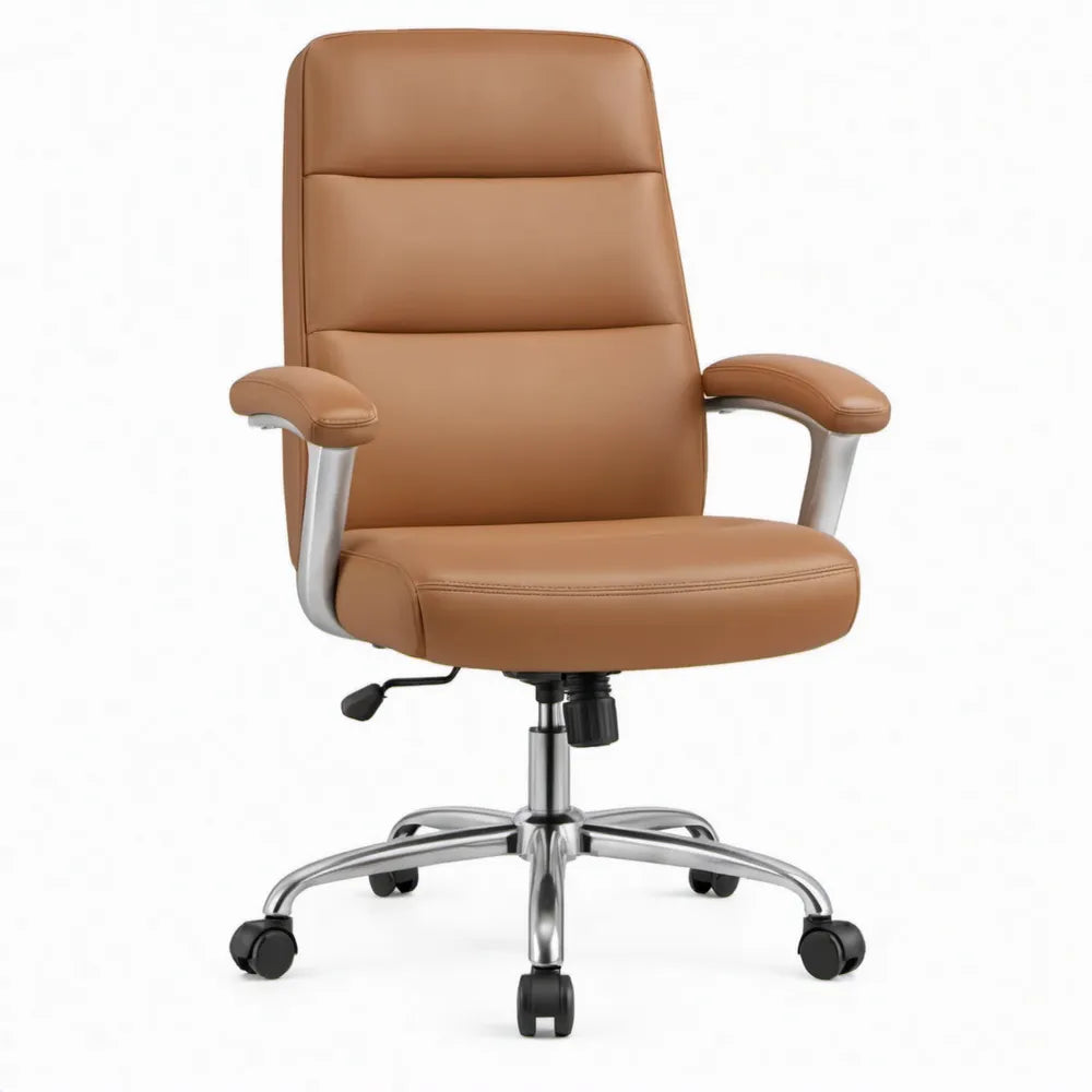 Bureaustoel met hoge rugleuning, armleuningen en verstelbare zithoogte – Cognacbruin/Zilverkleurig/Zwart – 65 x 65 x 110-120 cm