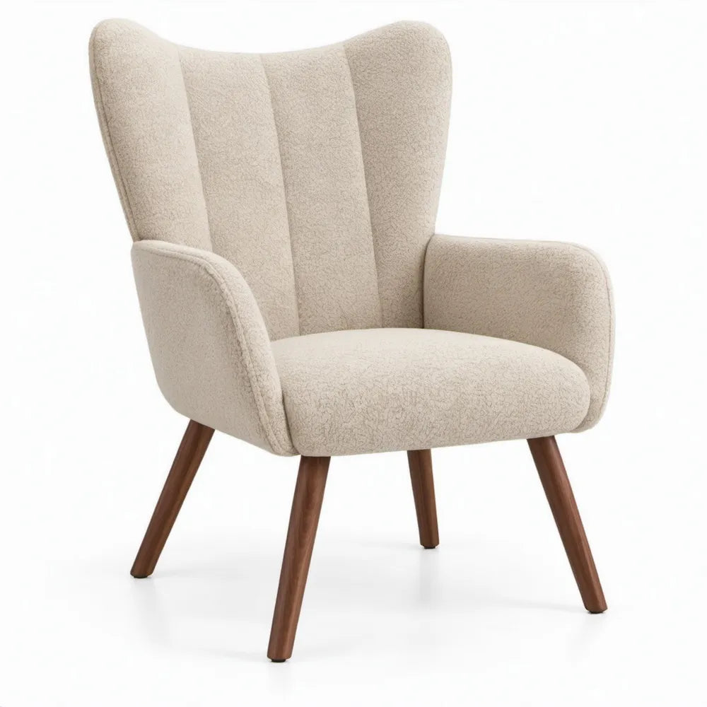 Oorfauteuil met armleuningen 72 x 78 x 105 cm in crèmekleurige bouclé met walnootbruine rubberhouten poten