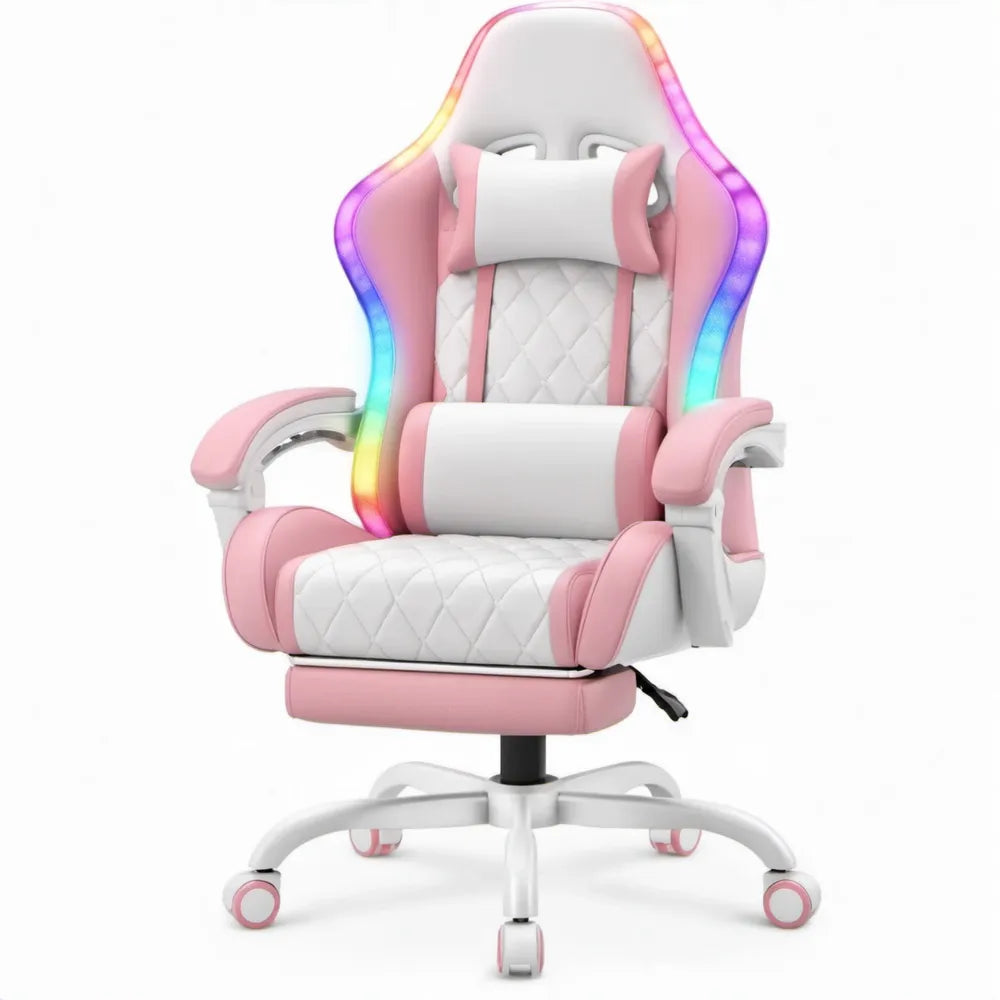 Roze/Witte Gamingstoel met RGB-ledverlichting, PU-kunstleer, 66 x 66 x 125-135 cm