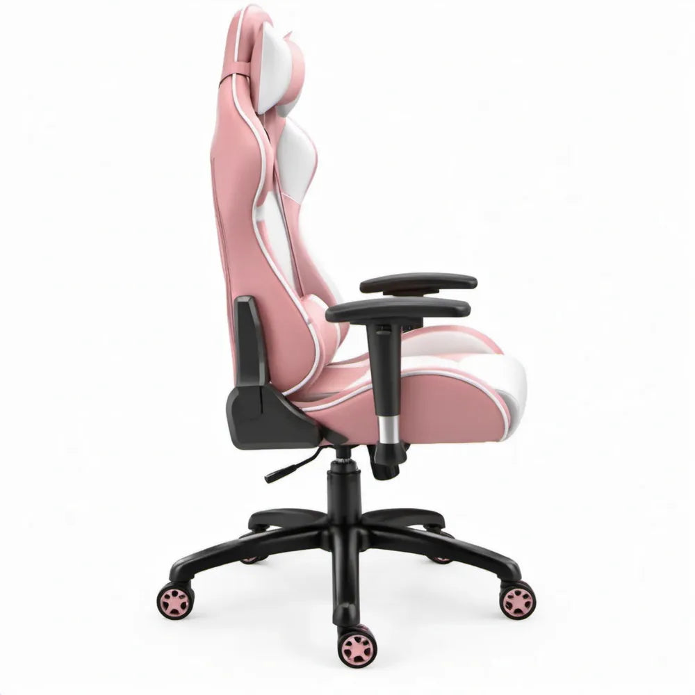 Roze/witte gamingstoel met voetensteun, 66 x 70 x 121-131 cm