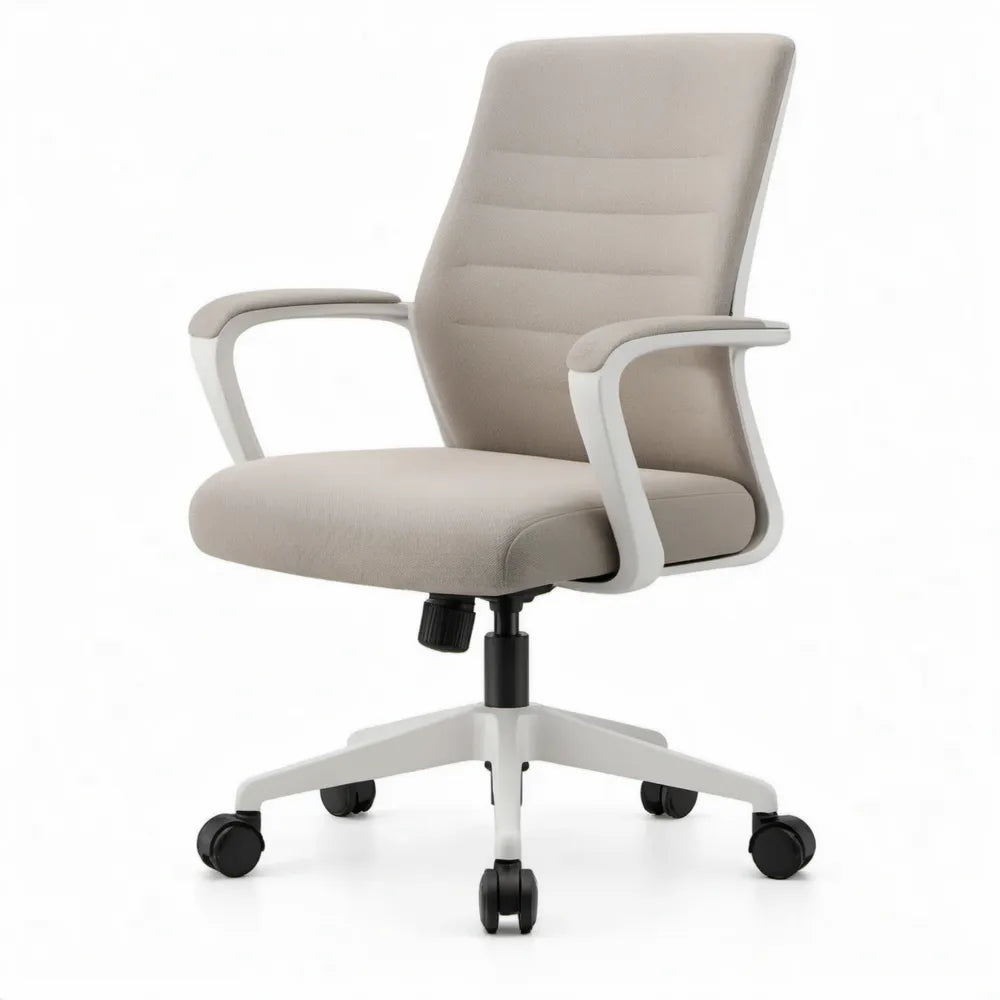 Beige bureaustoel met hoge rugleuning, armleuningen en wielen, 62 x 62 x 109-119 cm